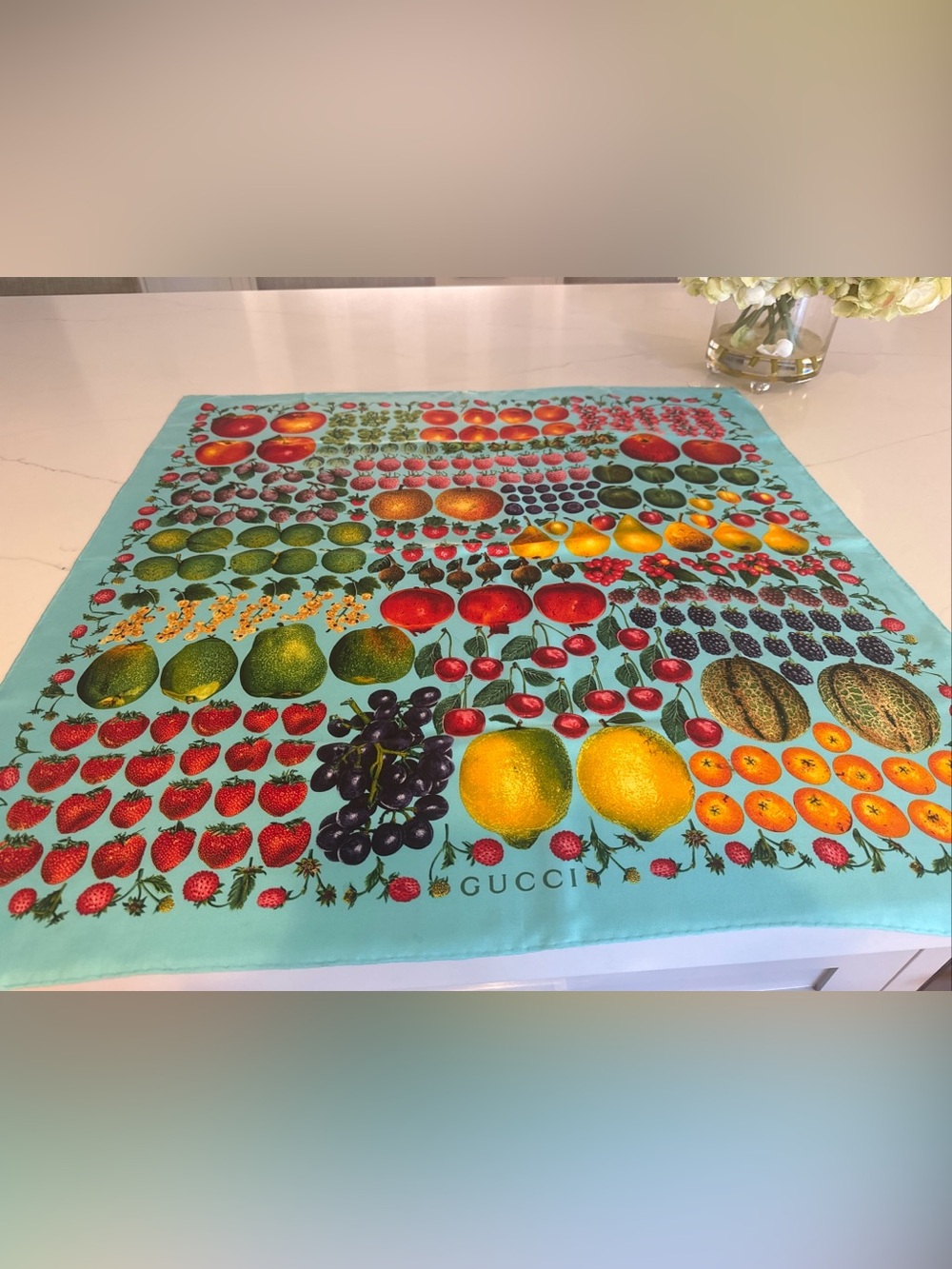 Rare Vintage Gucci Fruit Print Silk Scarf in Turquoise